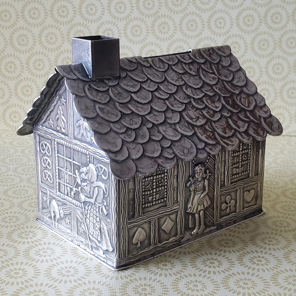 Silver Plated Hansel and Gretel Still Bank Original Key Denmark Vintage 1930s